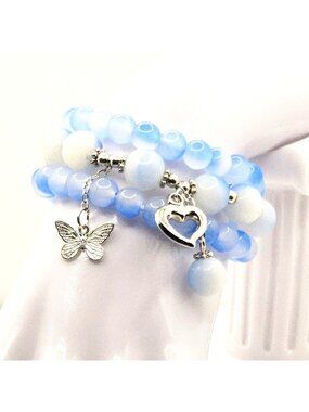 Blue Butterfly Bracelet Set, Planet Charm Bracelet Stack, Celestial Beaded